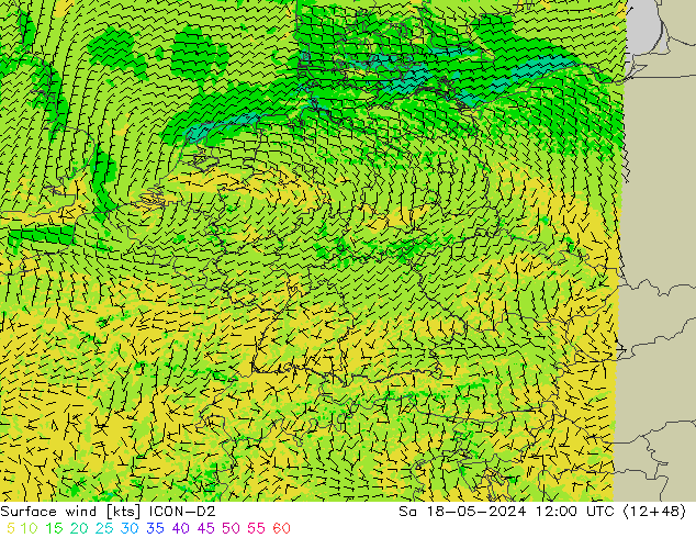 Vento 10 m ICON-D2 sab 18.05.2024 12 UTC