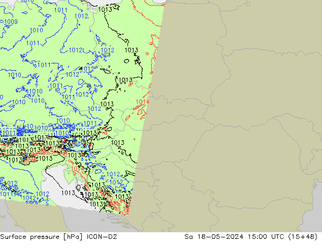 Pressione al suolo ICON-D2 sab 18.05.2024 15 UTC