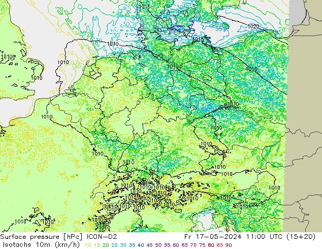 Isotachs (kph) ICON-D2 Fr 17.05.2024 11 UTC