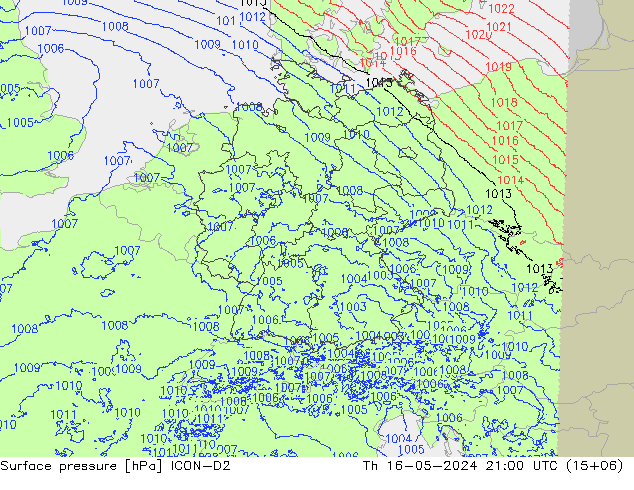 Presión superficial ICON-D2 jue 16.05.2024 21 UTC