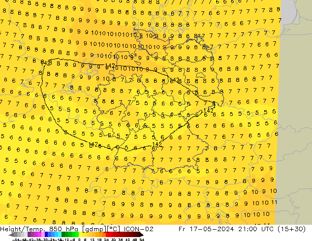 Height/Temp. 850 hPa ICON-D2 Fr 17.05.2024 21 UTC