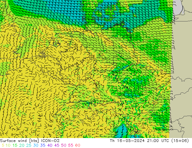 Surface wind ICON-D2 Th 16.05.2024 21 UTC