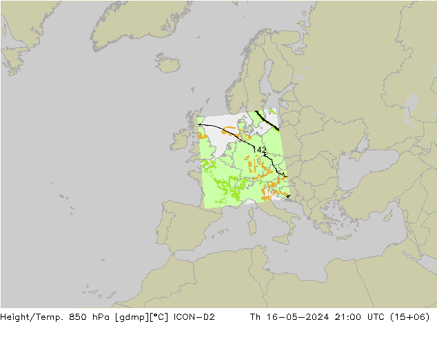 Height/Temp. 850 hPa ICON-D2 Do 16.05.2024 21 UTC