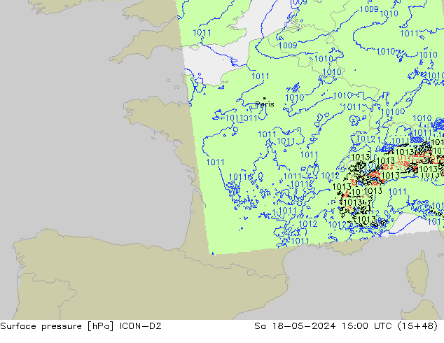 Pressione al suolo ICON-D2 sab 18.05.2024 15 UTC