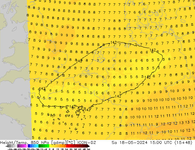 Height/Temp. 850 hPa ICON-D2 Sa 18.05.2024 15 UTC