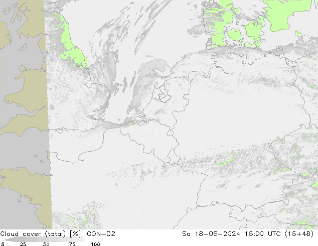 Cloud cover (total) ICON-D2 Sa 18.05.2024 15 UTC