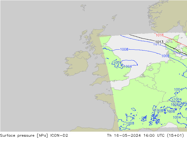 Surface pressure ICON-D2 Th 16.05.2024 16 UTC