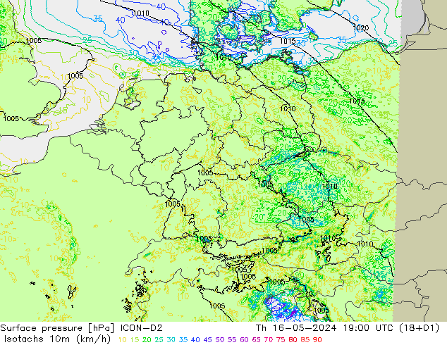 Isotaca (kph) ICON-D2 jue 16.05.2024 19 UTC