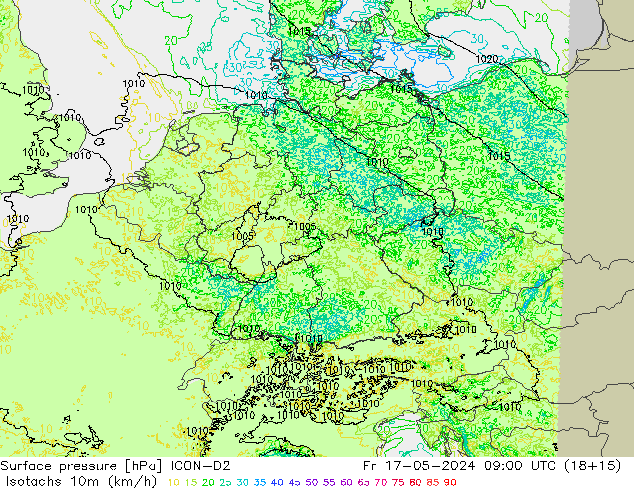 Isotachs (kph) ICON-D2  17.05.2024 09 UTC