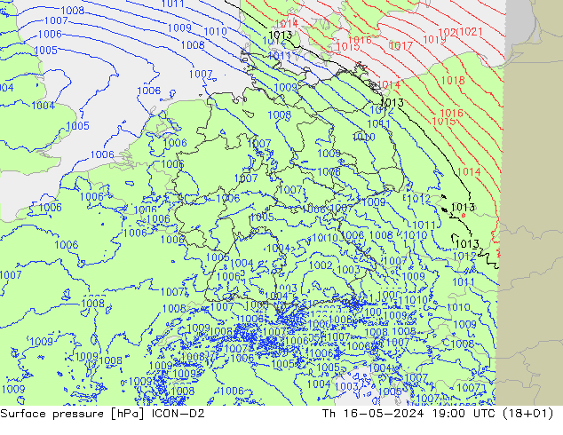 地面气压 ICON-D2 星期四 16.05.2024 19 UTC