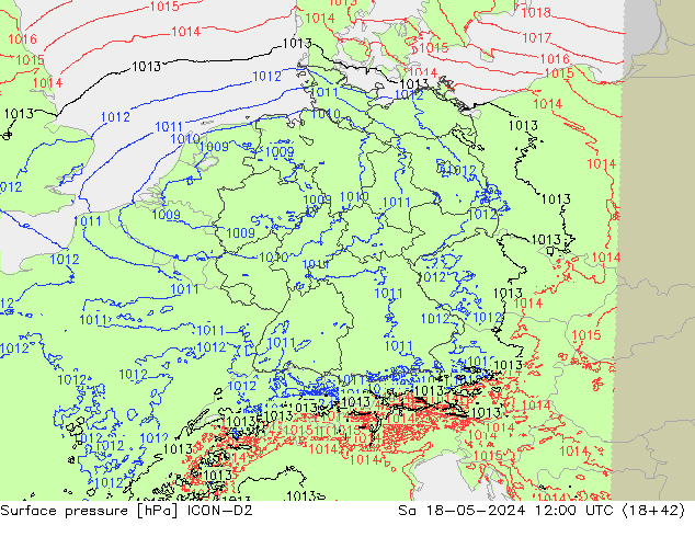 Pressione al suolo ICON-D2 sab 18.05.2024 12 UTC