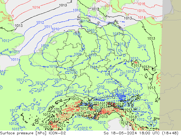 Presión superficial ICON-D2 sáb 18.05.2024 18 UTC