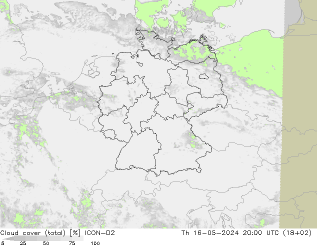 Nubes (total) ICON-D2 jue 16.05.2024 20 UTC