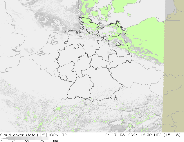 Cloud cover (total) ICON-D2 Fr 17.05.2024 12 UTC