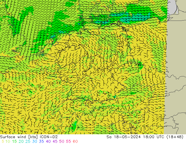 Surface wind ICON-D2 Sa 18.05.2024 18 UTC