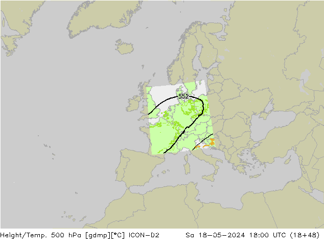 Height/Temp. 500 hPa ICON-D2 Sa 18.05.2024 18 UTC