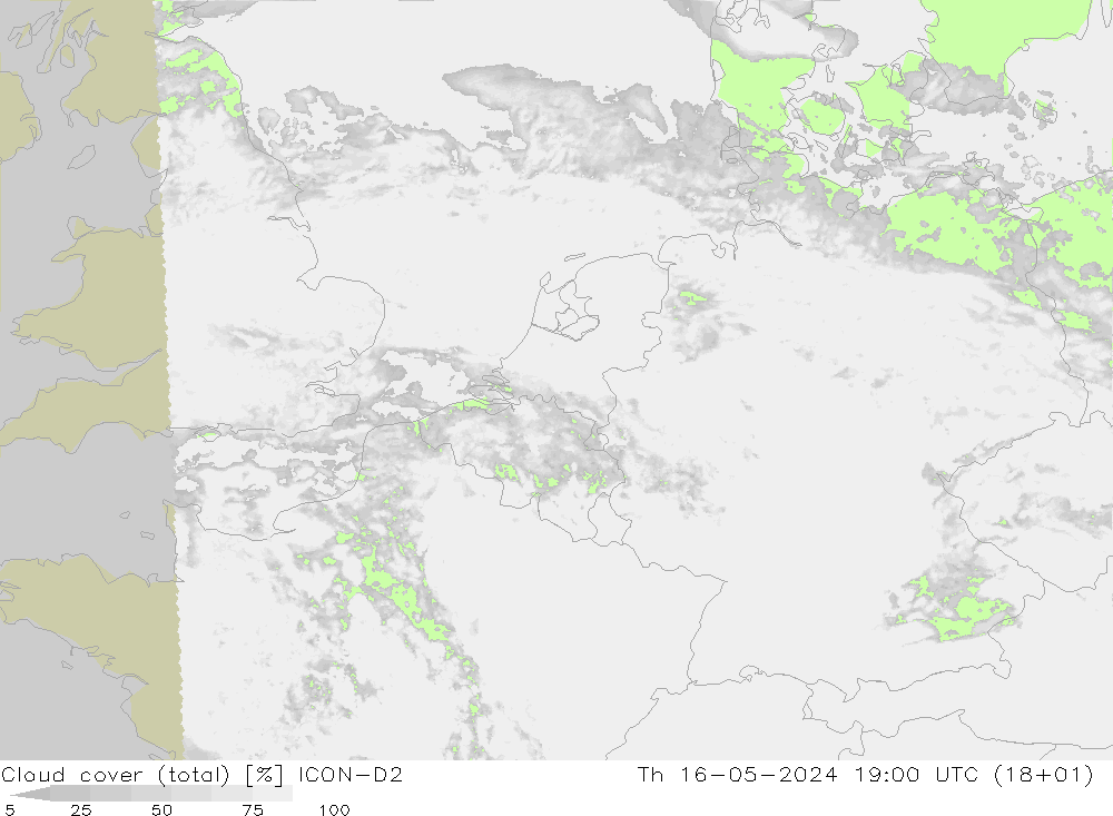 Cloud cover (total) ICON-D2 Th 16.05.2024 19 UTC
