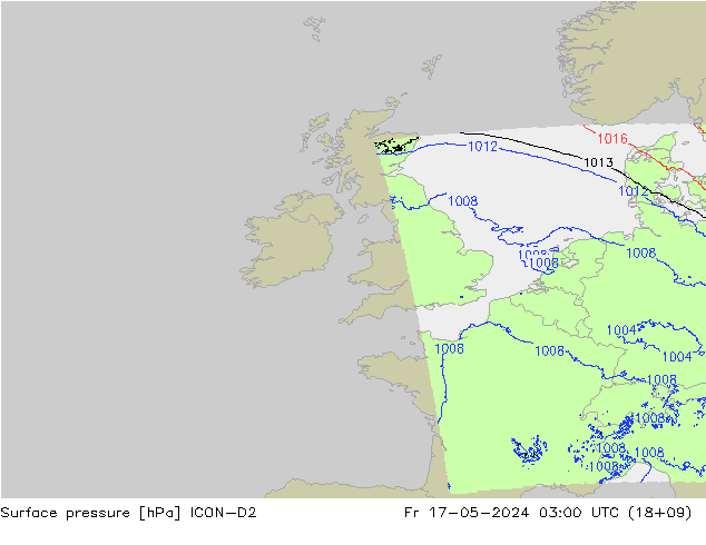 Presión superficial ICON-D2 vie 17.05.2024 03 UTC