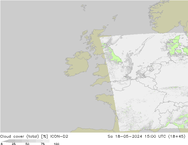 Cloud cover (total) ICON-D2 Sa 18.05.2024 15 UTC