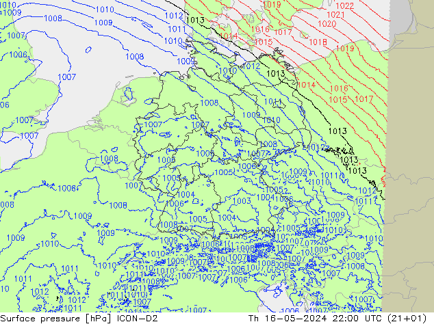 地面气压 ICON-D2 星期四 16.05.2024 22 UTC