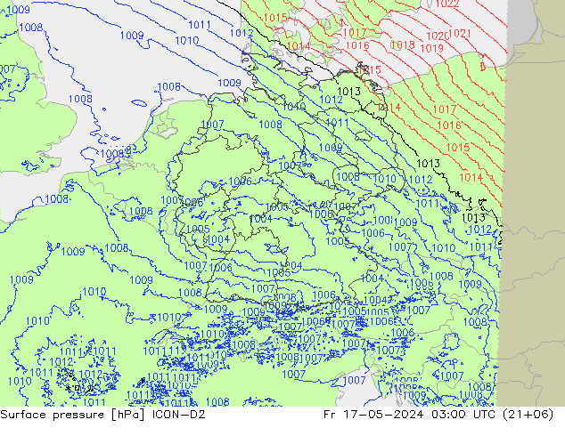 Atmosférický tlak ICON-D2 Pá 17.05.2024 03 UTC