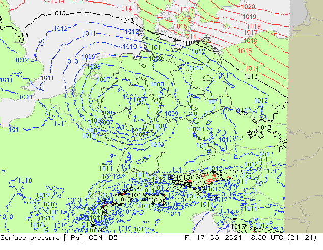 Atmosférický tlak ICON-D2 Pá 17.05.2024 18 UTC