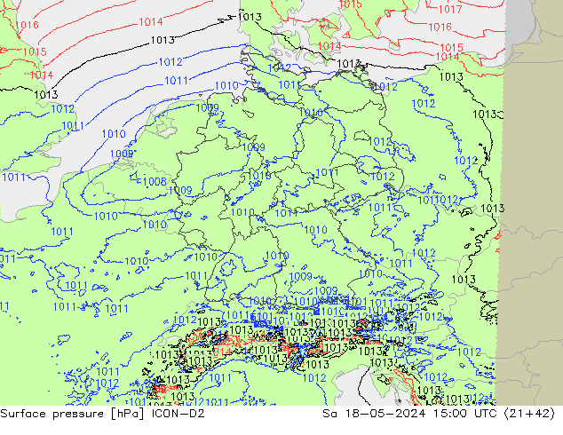 Surface pressure ICON-D2 Sa 18.05.2024 15 UTC