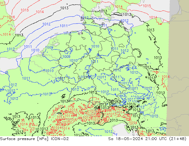 Surface pressure ICON-D2 Sa 18.05.2024 21 UTC