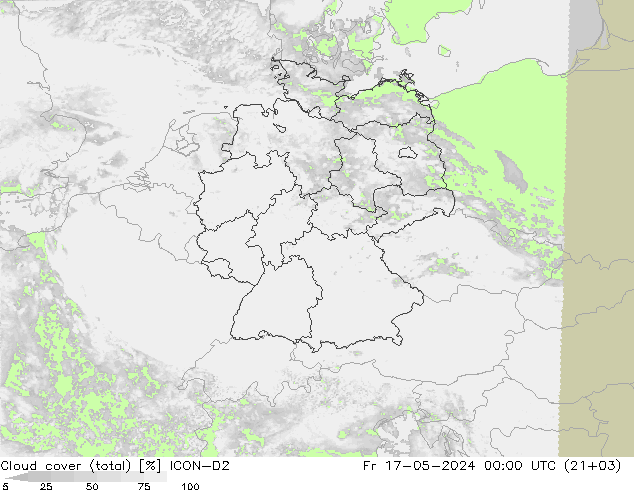 Cloud cover (total) ICON-D2 Pá 17.05.2024 00 UTC