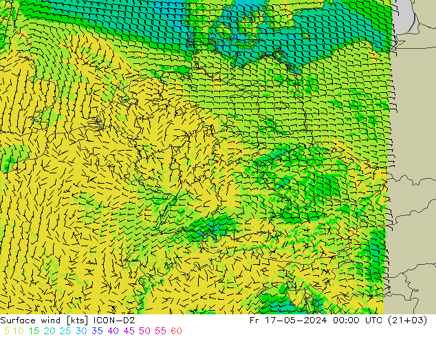 Surface wind ICON-D2 Fr 17.05.2024 00 UTC