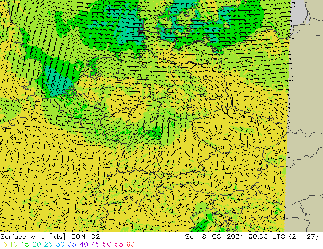 Surface wind ICON-D2 Sa 18.05.2024 00 UTC