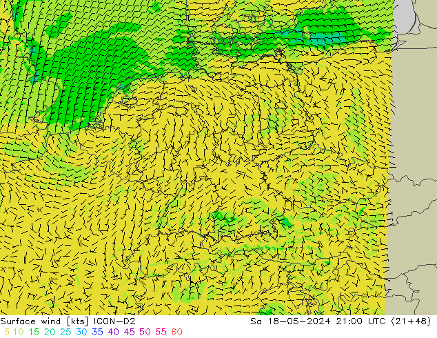 Vent 10 m ICON-D2 sam 18.05.2024 21 UTC