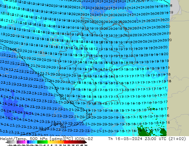 Geop./Temp. 500 hPa ICON-D2 jue 16.05.2024 23 UTC