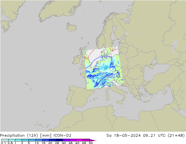 Precipitation (12h) ICON-D2 So 18.05.2024 21 UTC