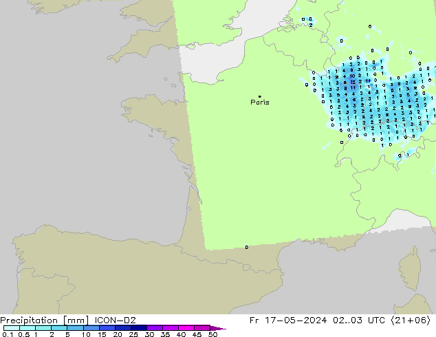Srážky ICON-D2 Pá 17.05.2024 03 UTC