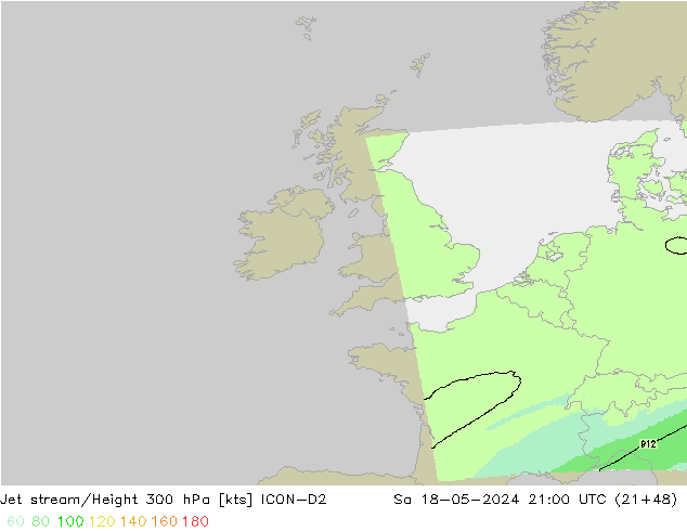 Jet stream/Height 300 hPa ICON-D2 Sa 18.05.2024 21 UTC