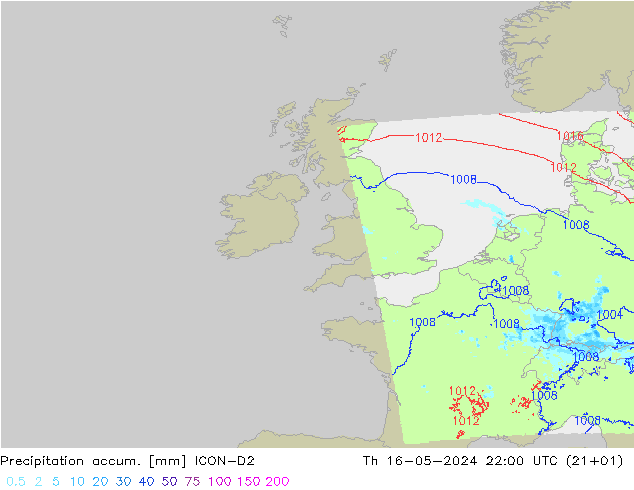 Totale neerslag ICON-D2 do 16.05.2024 22 UTC