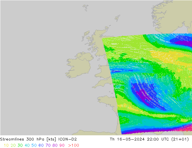 Streamlines 300 hPa ICON-D2 Th 16.05.2024 22 UTC