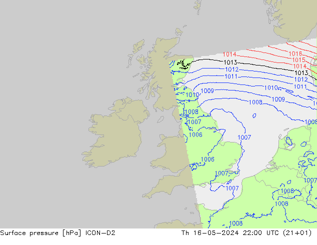 Surface pressure ICON-D2 Th 16.05.2024 22 UTC