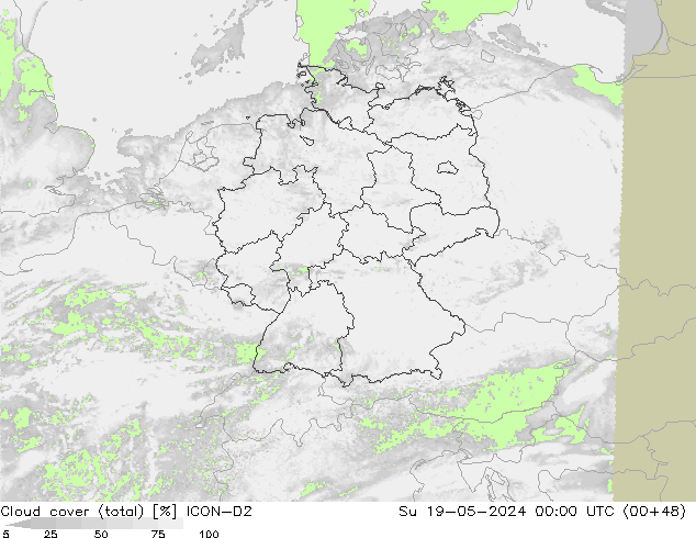 nuvens (total) ICON-D2 Dom 19.05.2024 00 UTC