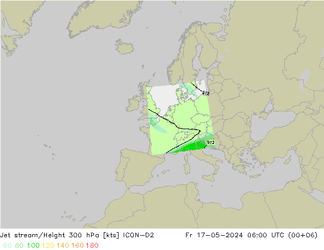 Corriente en chorro ICON-D2 vie 17.05.2024 06 UTC
