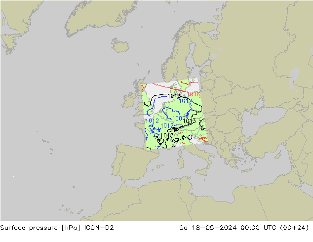 Presión superficial ICON-D2 sáb 18.05.2024 00 UTC