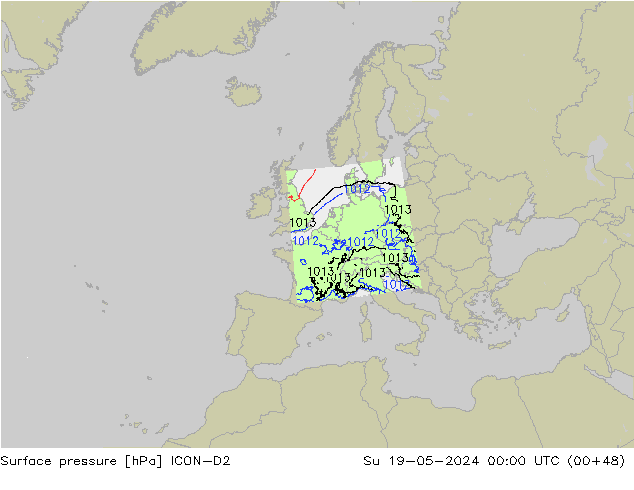 Pressione al suolo ICON-D2 dom 19.05.2024 00 UTC