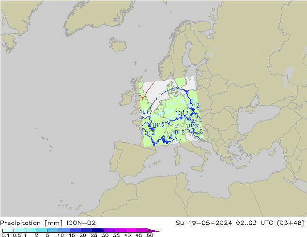 Neerslag ICON-D2 zo 19.05.2024 03 UTC