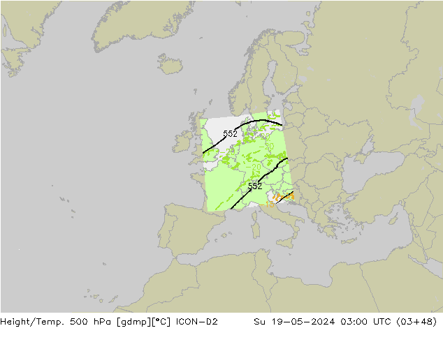 Height/Temp. 500 hPa ICON-D2 Su 19.05.2024 03 UTC