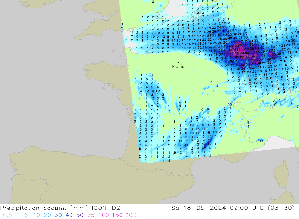 Precipitation accum. ICON-D2 sab 18.05.2024 09 UTC
