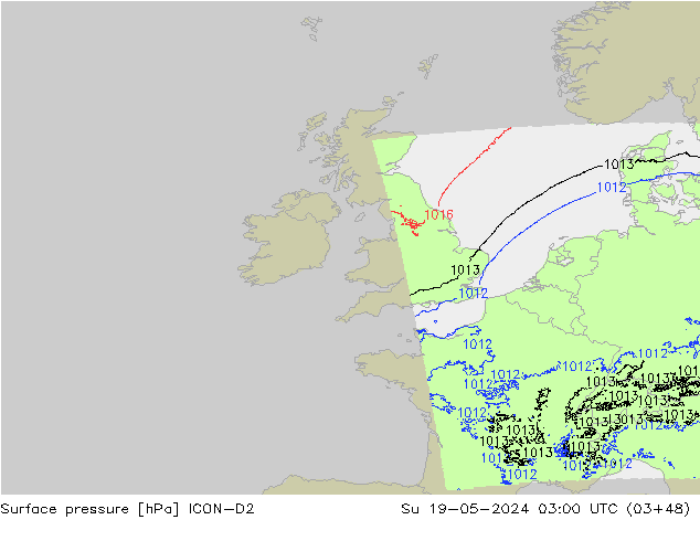 Presión superficial ICON-D2 dom 19.05.2024 03 UTC