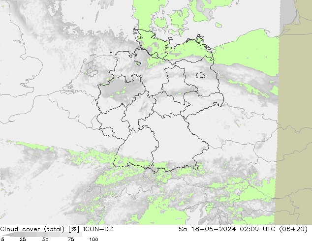nuvens (total) ICON-D2 Sáb 18.05.2024 02 UTC