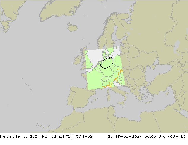 Hoogte/Temp. 850 hPa ICON-D2 zo 19.05.2024 06 UTC