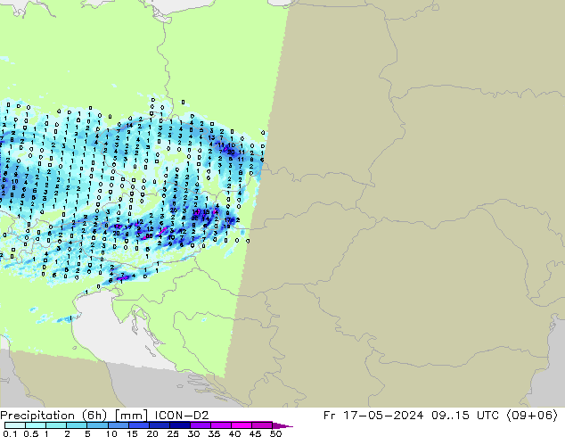 Precipitation (6h) ICON-D2 Pá 17.05.2024 15 UTC